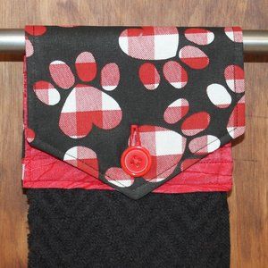 DOG PAW PRINT BLACK & RED BUFFALO CHECK HANDMADE HANGING KITCHEN BLACK HANDTOWEL